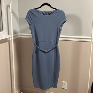 Express Dusty Blue Midi Short Sleeve Belted Pencil/Body Con Dress